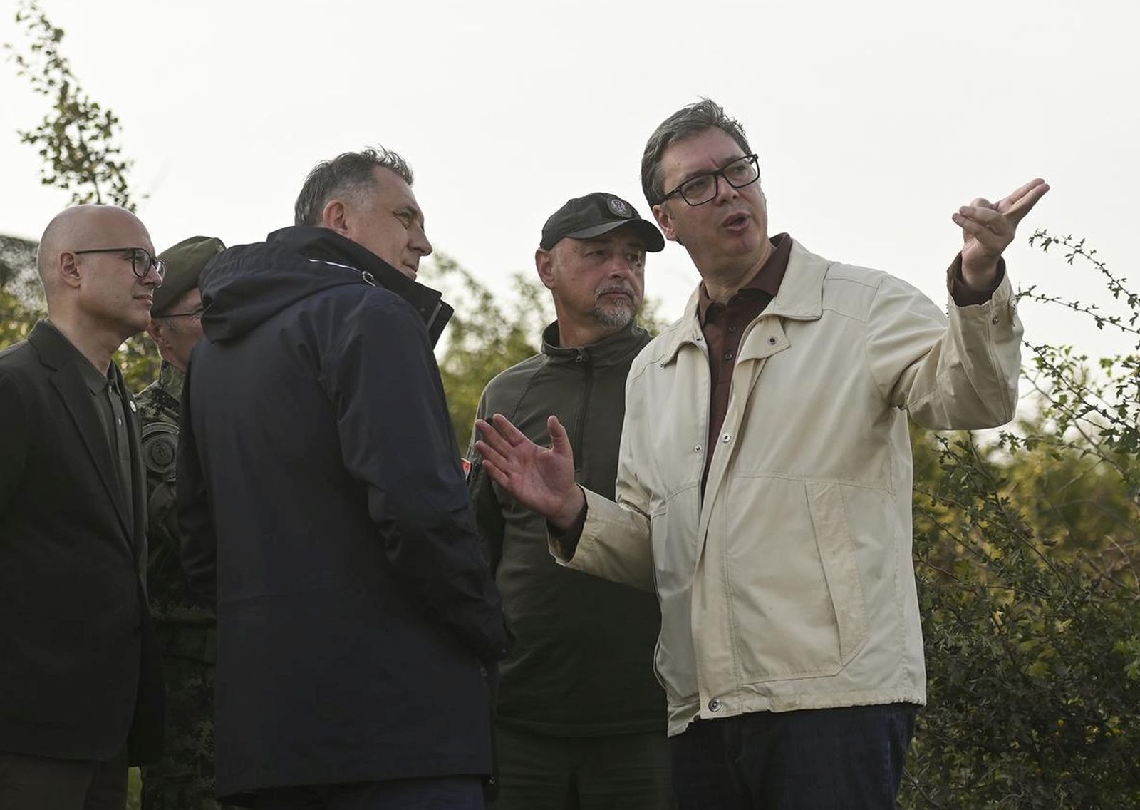 25, July, 2023, Pasuljanske Livade -The President of the Republic and Supreme Commander of the Serbian Armed Forces, Aleksandar Vucic, together with the Deputy Prime Minister and Minister of Defense Milos Vucevic and the Chief of the General Staff of the Serbian Armed Forces, General Milan Mojsilovic, attended demonstration shootings as part of the final phase of the training of members of the Serbian Armed Forces with the newly introduced weaponry and military equipment, in the Pasuljanska Livada Military Complex. Milos Vucevic, Milorad Dodik, Aleksandar Vucic. Photo: Nikola Nedeljkovic/Ministarstvo odbrane i vojske Srbije/ATAImages

25, jul, 2023, Pasuljanske livade - Predsednik Republike i vrhovni komandant Vojske Srbije Aleksandar Vucic zajedno sa potpredsednikom Vlade i ministrom odbrane Milosem Vucevicem i nacelnikom Generalstaba Vojske Srbije generalom Milanom Mojsilovicem prisustvovao je pokaznim gadjanjima u okviru zavrsne faze obuke pripadnika Vojske Srbije sa novouvedenim naoruzanjem i vojnom opremom, u Vojnom kompleksu Pasuljanske livade.  Photo: Nikola Nedeljkovic/Ministarstvo odbrane i vojske Srbije/ATAImages/PIXSELL