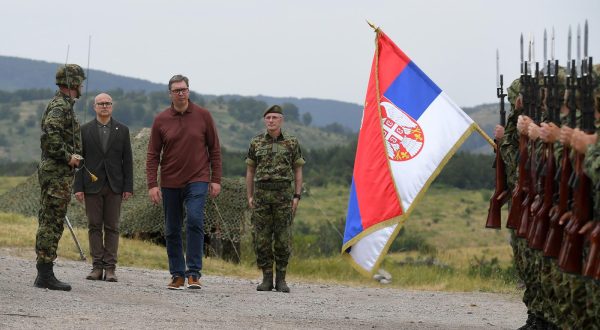 25, July, 2023, Pasuljanske Livade -The President of the Republic and Supreme Commander of the Serbian Armed Forces, Aleksandar Vucic, together with the Deputy Prime Minister and Minister of Defense Milos Vucevic and the Chief of the General Staff of the Serbian Armed Forces, General Milan Mojsilovic, attended demonstration shootings as part of the final phase of the training of members of the Serbian Armed Forces with the newly introduced weaponry and military equipment, in the Pasuljanska Livada Military Complex. Milos Vucevic, Aleksandar Vucic, Milan Mojsilovic. Photo: Darimir Banda/Ministarstvo odbrane i vojske Srbije/ATAImages

25, jul, 2023, Pasuljanske livade - Predsednik Republike i vrhovni komandant Vojske Srbije Aleksandar Vucic zajedno sa potpredsednikom Vlade i ministrom odbrane Milosem Vucevicem i nacelnikom Generalstaba Vojske Srbije generalom Milanom Mojsilovicem prisustvovao je pokaznim gadjanjima u okviru zavrsne faze obuke pripadnika Vojske Srbije sa novouvedenim naoruzanjem i vojnom opremom, u Vojnom kompleksu Pasuljanske livade.  Photo: Darimir Banda/Ministarstvo odbrane i vojske Srbije/ATAImages/PIXSELL