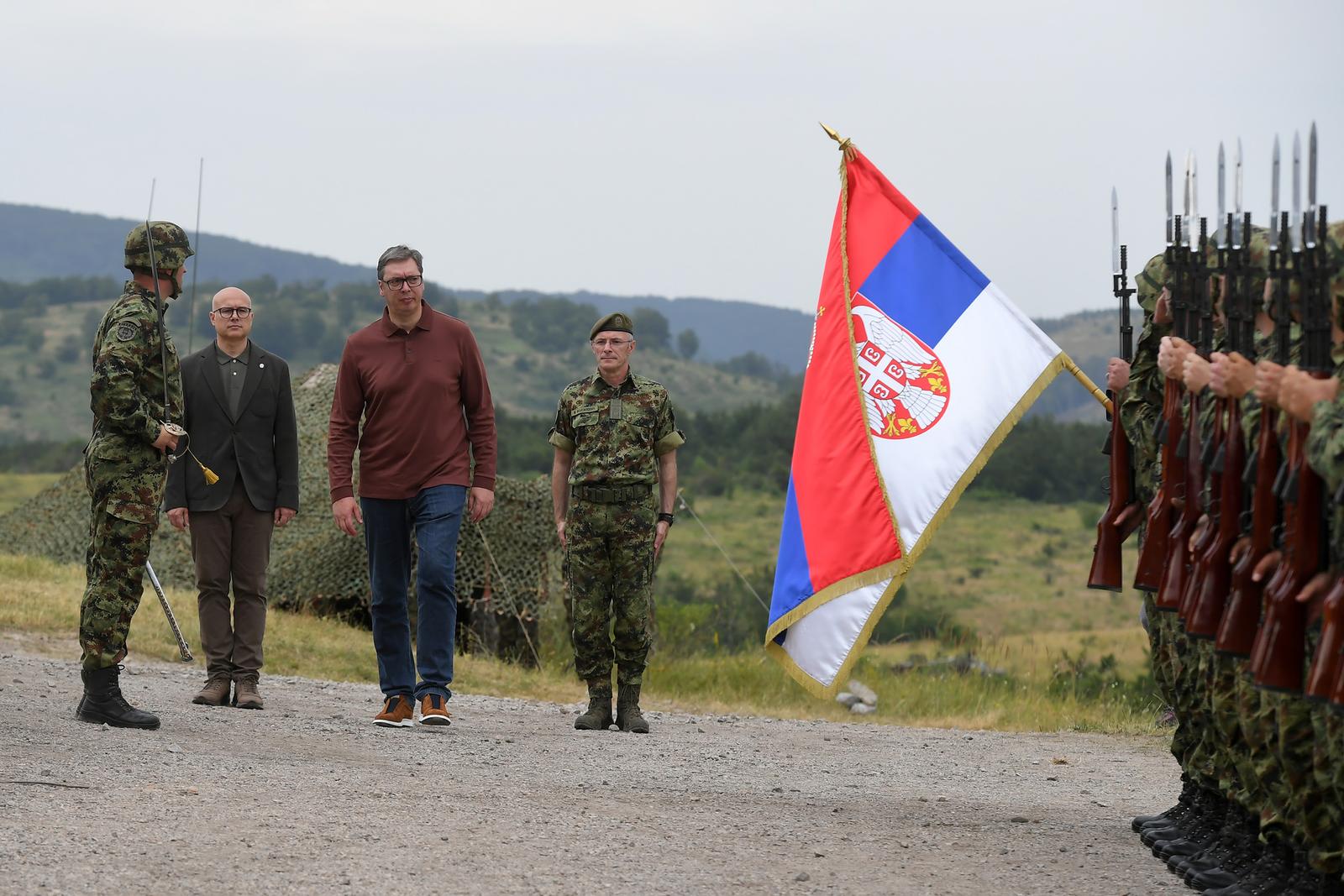 25, July, 2023, Pasuljanske Livade -The President of the Republic and Supreme Commander of the Serbian Armed Forces, Aleksandar Vucic, together with the Deputy Prime Minister and Minister of Defense Milos Vucevic and the Chief of the General Staff of the Serbian Armed Forces, General Milan Mojsilovic, attended demonstration shootings as part of the final phase of the training of members of the Serbian Armed Forces with the newly introduced weaponry and military equipment, in the Pasuljanska Livada Military Complex. Milos Vucevic, Aleksandar Vucic, Milan Mojsilovic. Photo: Darimir Banda/Ministarstvo odbrane i vojske Srbije/ATAImages

25, jul, 2023, Pasuljanske livade - Predsednik Republike i vrhovni komandant Vojske Srbije Aleksandar Vucic zajedno sa potpredsednikom Vlade i ministrom odbrane Milosem Vucevicem i nacelnikom Generalstaba Vojske Srbije generalom Milanom Mojsilovicem prisustvovao je pokaznim gadjanjima u okviru zavrsne faze obuke pripadnika Vojske Srbije sa novouvedenim naoruzanjem i vojnom opremom, u Vojnom kompleksu Pasuljanske livade.  Photo: Darimir Banda/Ministarstvo odbrane i vojske Srbije/ATAImages/PIXSELL