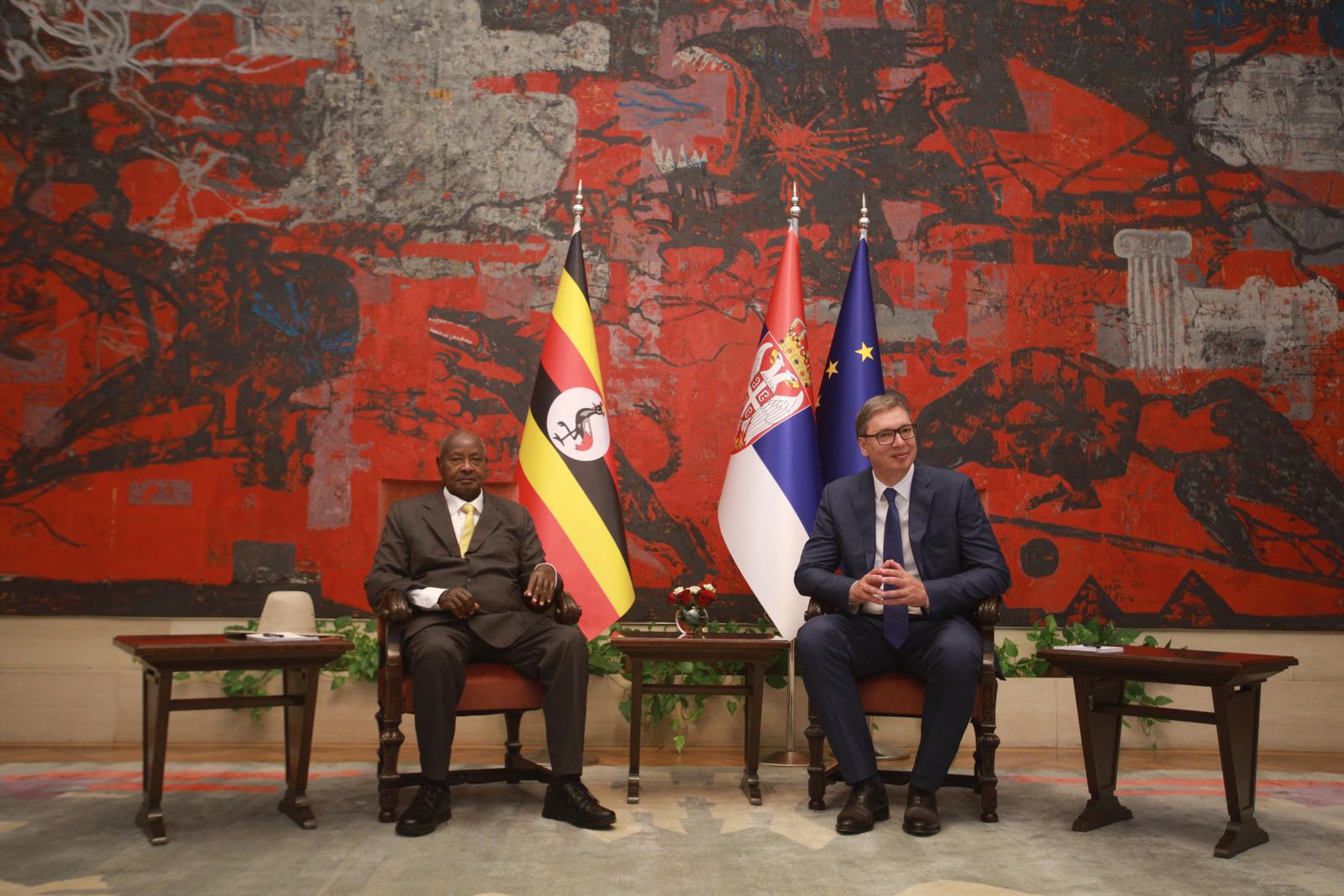 30, July, 2023, Belgrade - Official visit of the President of the Republic of Uganda, Yoweri Kaguta Museveni, to the Republic of Serbia -  meeting between the President of the Republic of Serbia and the President of the Republic of Uganda. Yoweri Kaguta Museveni, Aleksandar Vucic. Photo: Milos Tesic/ATAImages

30, jul, 2023, Beograd - Zvanicna poseta  predsednika Republike Ugande Joveri Kagutu Musevenija Republici Srbiji - ceremonija svecanog doceka ispred Palate Srbija. Photo: Milos Tesic/ATAImages Photo: Milos Tesic/ATA Images/PIXSELL