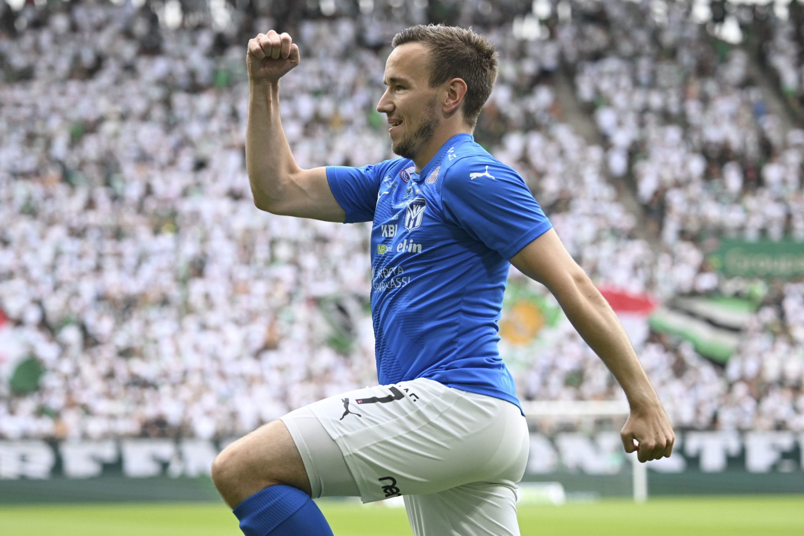 KI Klaksvik's Arni Frederiksberg celebrates after scoring his side's second goal during the soccer Champions League qualifying first round second leg match between Ferencvaros and KI Klaksvik of the Faroe Islands in Groupama Arena in Budapest, Hungary, Wednesday, July 19, 2023. (Tibor Illyes/MTI via AP)