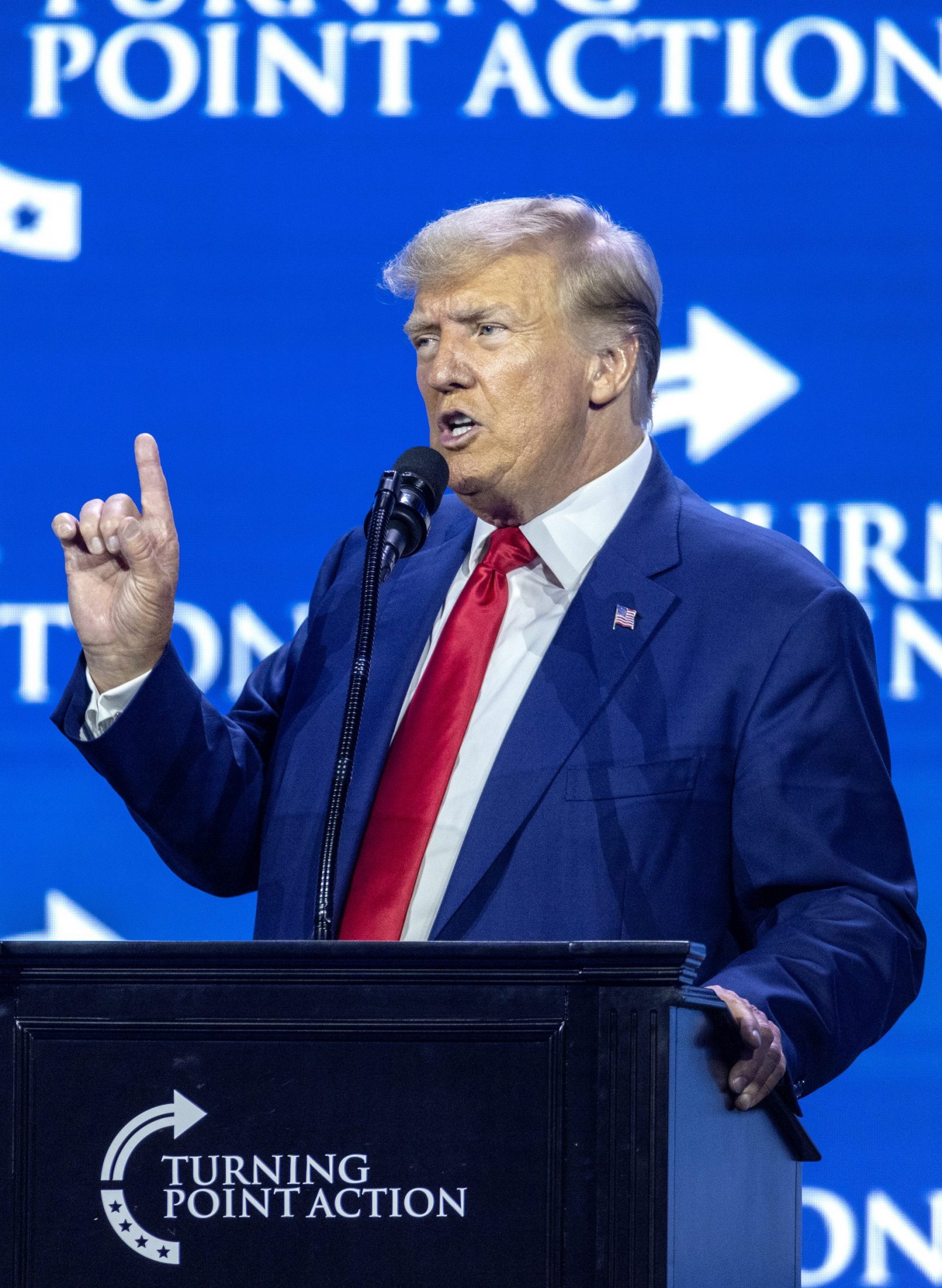 epa10748692 Former US President Donald J. Trump delivers remarks during the Turning Point Action Conference in West Palm Beach, Florida, USA, 15 July 2023. Turning Point Action is a conservative organization founded in 2019, its mission is to embolden the conservative base through grassroots activism and provide voters with resources to elect conservative leaders.  EPA/CRISTOBAL HERRERA-ULASHKEVICH