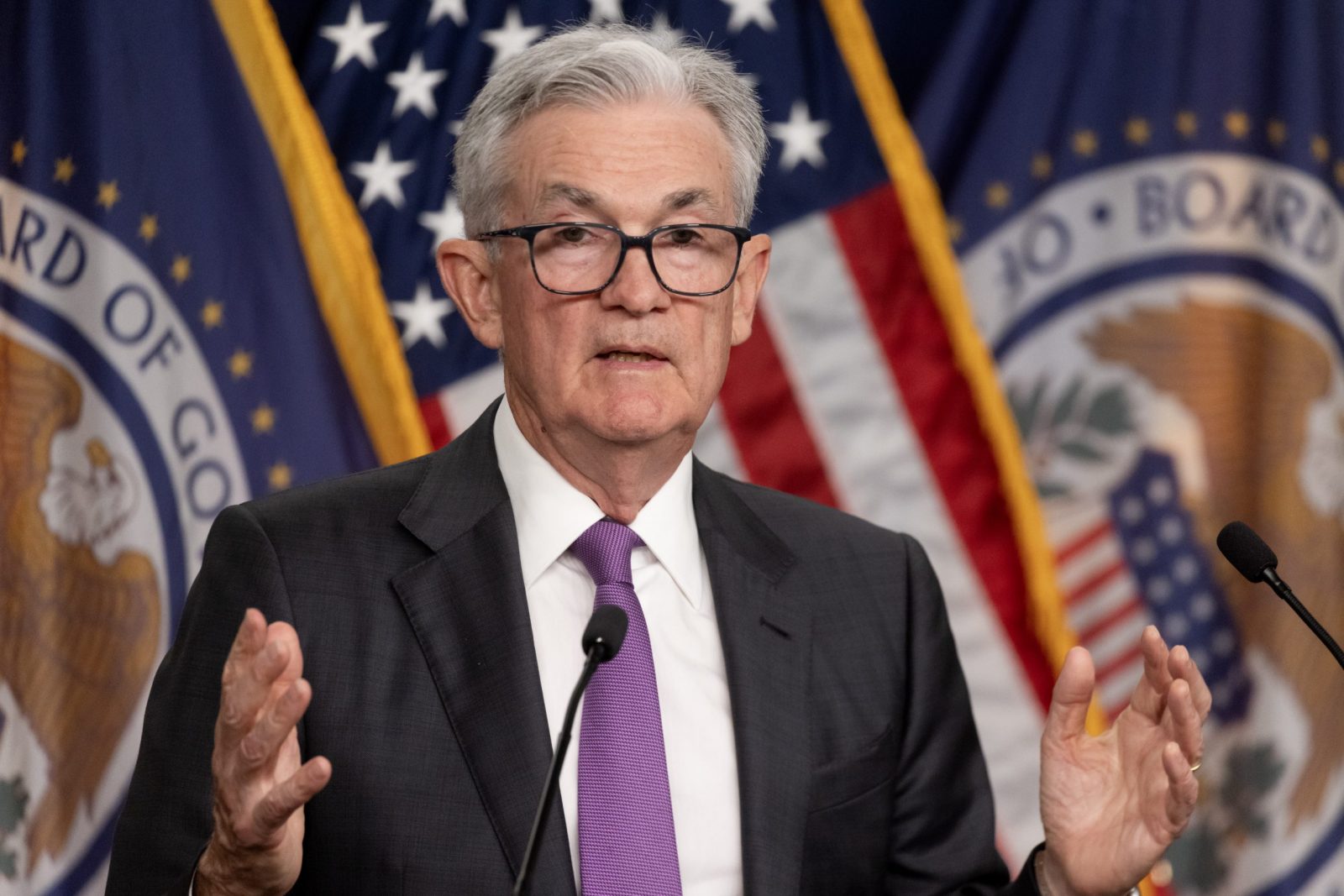 epa10770233 US Federal Reserve Board Chairman Jerome Powell holds a news conference after a Federal Open Market Committee meeting, at the William McChesney Martin Jr. Federal Reserve Board Building in Washington, DC, USA, 26 July 2023. Powell announced a 0.25 percentage point interest rate increase.  EPA/MICHAEL REYNOLDS