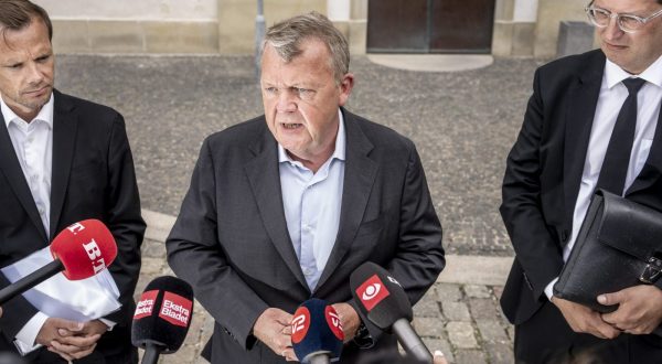 epa10778540 Danish Minister of Foreign Affairs Lars Loekke Rasmussen (C), flanked by Minister of Justice Peter Hummelgaard (L) and acting Minister of Defense Troels Lund Poulsen, speaks to journalists after a briefing by members of the Danish Parliament on the international reactions to the Koran burnings in Copenhagen, Denmark, 31 July 2023.  EPA/Mads Claus Rasmussen  DENMARK OUT