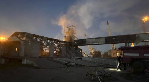 epa10780942 A handout photo made available by the Head of the Odesa Regional Administration, Oleh Kiper on Telegram shows Ukrainian rescuers working at the site of a drone attack on a port infrastructure in Odesa region, southern Ukraine, 02 August 2023, amid the Russian invasion. Ukraine was attacked by Russian shock drones early 02 August, with 23 being shot down, according to a statement from the Ukraine Air Force. Russian troops entered Ukrainian territory in February 2022, starting a conflict that has provoked destruction and a humanitarian crisis.  EPA/ODESA REGIONAL ADMINISTRATION HANDOUT -- BEST QUALITY AVAILABLE -- HANDOUT EDITORIAL USE ONLY/NO SALES