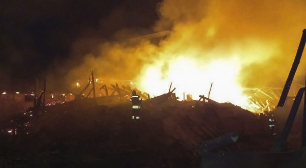 epa10787311 A handout picture made available by the Khmelnytskyi Regional Military Administration shows Ukrainian rescuers putting out a fire at a corn waste warehouse after shelling near Starokostiantyniv, Khmelnytskyi region, western Ukraine, 06 August 2023, amid the Russian invasion. Ukraine was attacked by more than 70 missiles and shock drones in the night between 05 August and 06 August, with 30 rockets of different classes and 27 shock drones being shot down, according to a statement by the Ukrainian Air Force. Russian troops entered Ukrainian territory in February 2022, starting a conflict that has provoked destruction and a humanitarian crisis.  EPA/KHMELNYTSKYI REGIONAL MILITARY ADMINISTRATION HANDOUT -- MANDATORY CREDIT: KHMELNYTSKYI REGIONAL MILITARY ADMINISTRATION -- BEST QUALITY AVAILABLE -- HANDOUT EDITORIAL USE ONLY/NO SALES