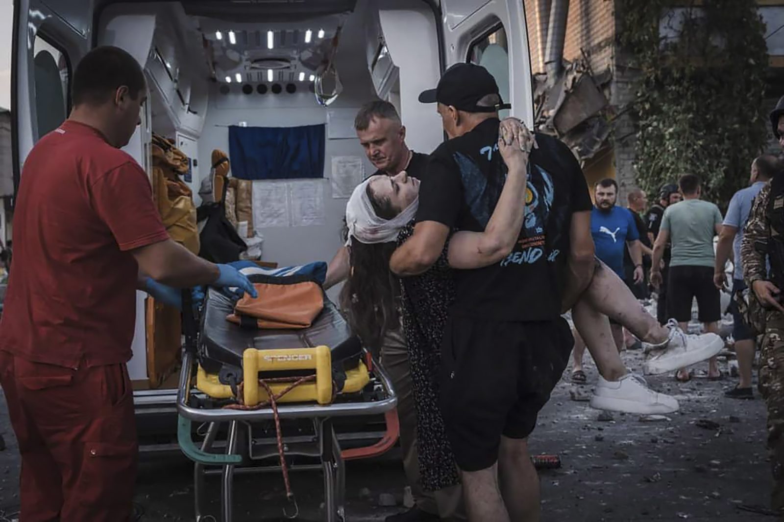 epa10789586 A handout photo made available by the State Emergency Service shows Ukrainian rescuers working on a site where a rocket hit the city of Pokrovsk, Donetsk area, Ukraine, 07 August 2023, amid the Russian invasion. At least five people died and 31 were injured after two rockets hit a residential building and a hotel downtown, according to a National Police report. Russian troops entered Ukrainian territory in February 2022, starting a conflict that has provoked destruction and a humanitarian crisis.  EPA/STATE EMERGENCY SERVICE HANDOUT HANDOUT  HANDOUT EDITORIAL USE ONLY/NO SALES