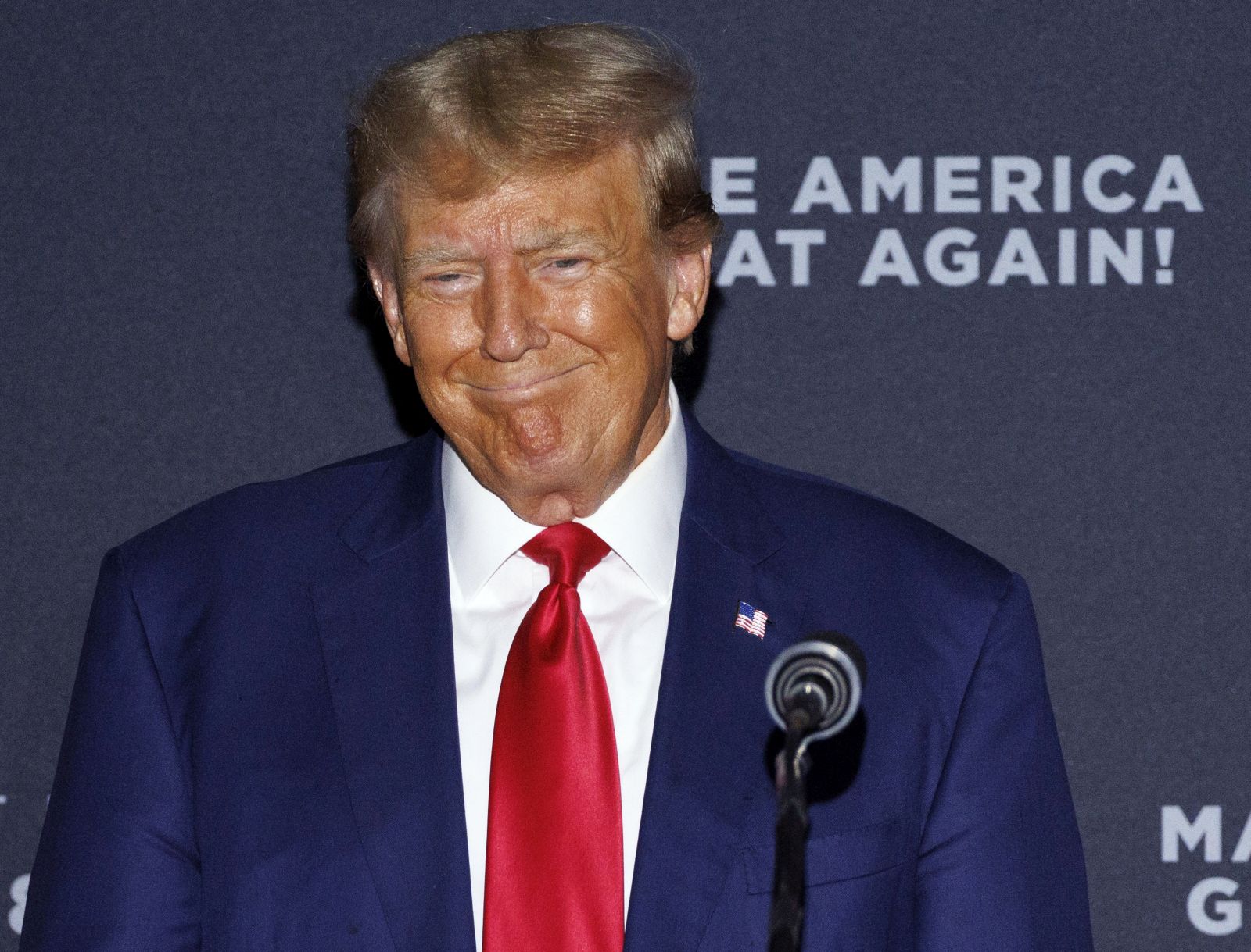 epa10791193 Republican candidate for President Former US President Donald Trump addresses a crowd of supporters during a rally at Windham High School in Windham, New Hampshire, USA, 08 August 2023.  EPA/CJ GUNTHER