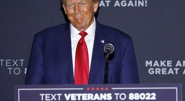 epa10791193 Republican candidate for President Former US President Donald Trump addresses a crowd of supporters during a rally at Windham High School in Windham, New Hampshire, USA, 08 August 2023.  EPA/CJ GUNTHER