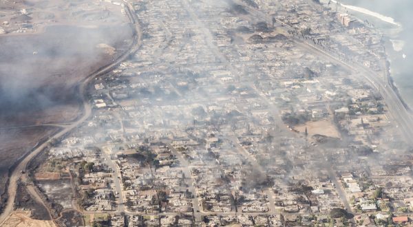 epa10792531 A handout photo made available by Carter Barto shows an arial view of buildings damaged in Lahaina, Hawaii as a result of a large wildfire which has killed 6 people and forced thousands of evacuations on the island of Maui in Hawaii, USA, 09 August 2023. Winds from Hurricane Dora, which is currently over the Pacific Ocean hundreds of miles south of Hawaii, have intensified the wildfires.  EPA/CARTER BARTO / HANDOUT  HANDOUT EDITORIAL USE ONLY/NO SALES