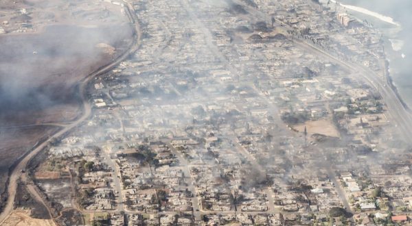 epa10792531 A handout photo made available by Carter Barto shows an arial view of buildings damaged in Lahaina, Hawaii as a result of a large wildfire which has killed 6 people and forced thousands of evacuations on the island of Maui in Hawaii, USA, 09 August 2023. Winds from Hurricane Dora, which is currently over the Pacific Ocean hundreds of miles south of Hawaii, have intensified the wildfires.  EPA/CARTER BARTO / HANDOUT  HANDOUT EDITORIAL USE ONLY/NO SALES