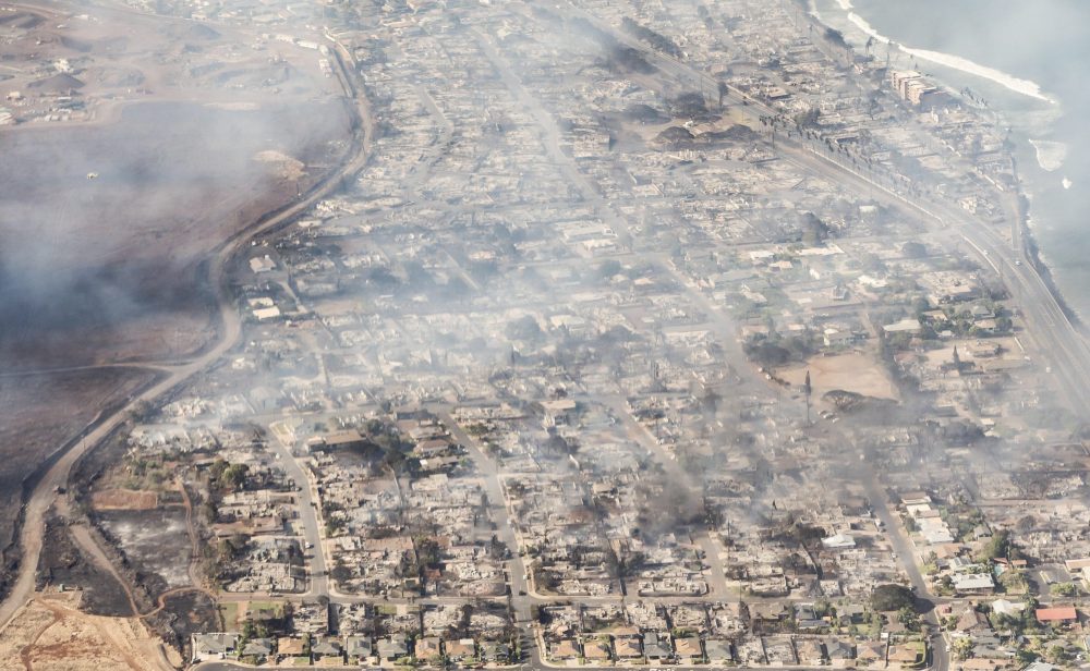 epa10792531 A handout photo made available by Carter Barto shows an arial view of buildings damaged in Lahaina, Hawaii as a result of a large wildfire which has killed 6 people and forced thousands of evacuations on the island of Maui in Hawaii, USA, 09 August 2023. Winds from Hurricane Dora, which is currently over the Pacific Ocean hundreds of miles south of Hawaii, have intensified the wildfires.  EPA/CARTER BARTO / HANDOUT  HANDOUT EDITORIAL USE ONLY/NO SALES