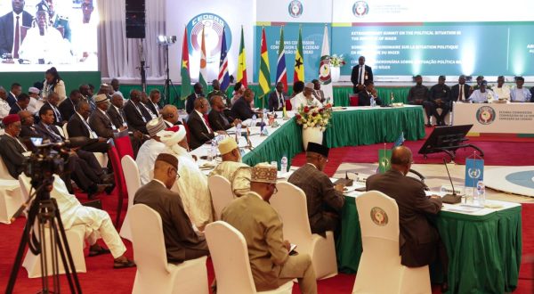epa10793174 Leaders of the Economic Community of West African States (Ecowas) meet to discuss the political situation in Niger, in Abuja, Nigeria, 10 August 2023. Two weeks have passed since democratically elected Niger President Mohamed Bazoum, was ousted in a coup led by General Abdourahmane Tchiani, head of the presidential guard.  EPA/STR