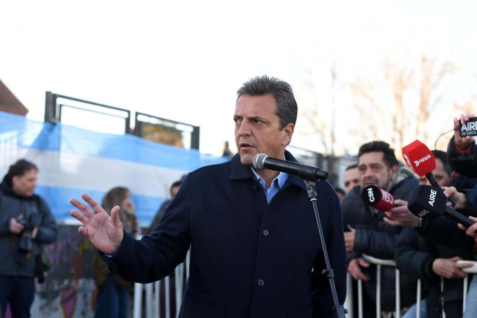 epa10798565 Argentinian presidential pre-candidate for the ruling coalition Union por la Patria Sergio Massa gives a statement in a polling station in Tigre, Buenos Aires province, Argentina, 13 August 2023. Economy Minister and pre-candidate for the coalition Union por la Patria (Union for the Homeland) said he has 'good expectations' for primary elections results. Argentina is holding primary elections to choose the presidential candidates for the upcoming general elections on 22 October 2023.  EPA/ENRIQUE GARCIA MEDINA
