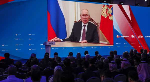 epa10801273 Russian President Vladimir Putin delivers his speech by video call at a session of the 11th Moscow Conference on International Security (MCIS) during the International Military-Technical Forum Army-2023 held at the Patriot Park in Kubinka, outside Moscow, Russia, 15 August 2023.The International Military-Technical Forum Army-2023 is held from 14 to 20 August 2023 at Patriot Expo, Kubinka Air Base and Alabino military training grounds.  EPA/YURI KOCHETKOV