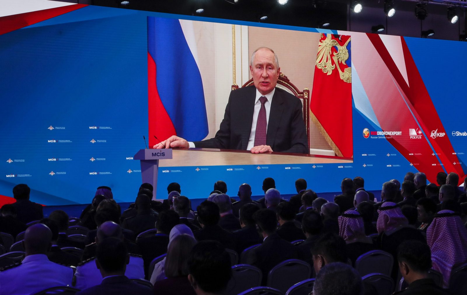 epa10801273 Russian President Vladimir Putin delivers his speech by video call at a session of the 11th Moscow Conference on International Security (MCIS) during the International Military-Technical Forum Army-2023 held at the Patriot Park in Kubinka, outside Moscow, Russia, 15 August 2023.The International Military-Technical Forum Army-2023 is held from 14 to 20 August 2023 at Patriot Expo, Kubinka Air Base and Alabino military training grounds.  EPA/YURI KOCHETKOV