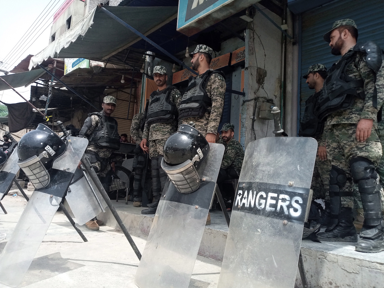 epa10803831 Pakistani Rangers stand guard after mobs attacked Christian churches and homes following blasphemy allegations in Jaranwala, near Faisalabad, Pakistan, 17 August 2023. Armed mobs in Jaranwala targeted two churches and private homes, setting them on fire and causing widespread destruction, according to the police. The attack was sparked after torn pages of the Koran with alleged blasphemous content were found near a Christian colony. Punjab police attempted to control the situation, and two local Christian residents were charged under blasphemy laws. Blasphemy is a highly sensitive issue in Pakistan, often leading to violence, drawing international condemnation and raised concerns about the misuse of blasphemy laws and the need for religious tolerance and minority protection.  EPA/ILYAS SHEIKH