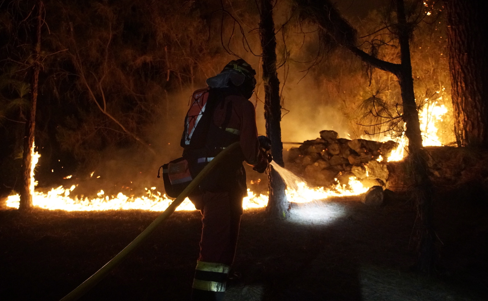 epa10805207 A handout photo made available by Military Emergency Unit (UME) shows UME firefighter working to extinguish the forest fire in Afaro-Candelaria, Tenerife, Canary Islands, Spain, 18 August 2023. The forest fire on the island of Tenerife is still out of control and has affected 3,273 hectares in eight municipalities, although some of the defensive lines put in place in the extinguishing works are beginning to produce results.  EPA/UME HANDOUT  HANDOUT EDITORIAL USE ONLY/NO SALES