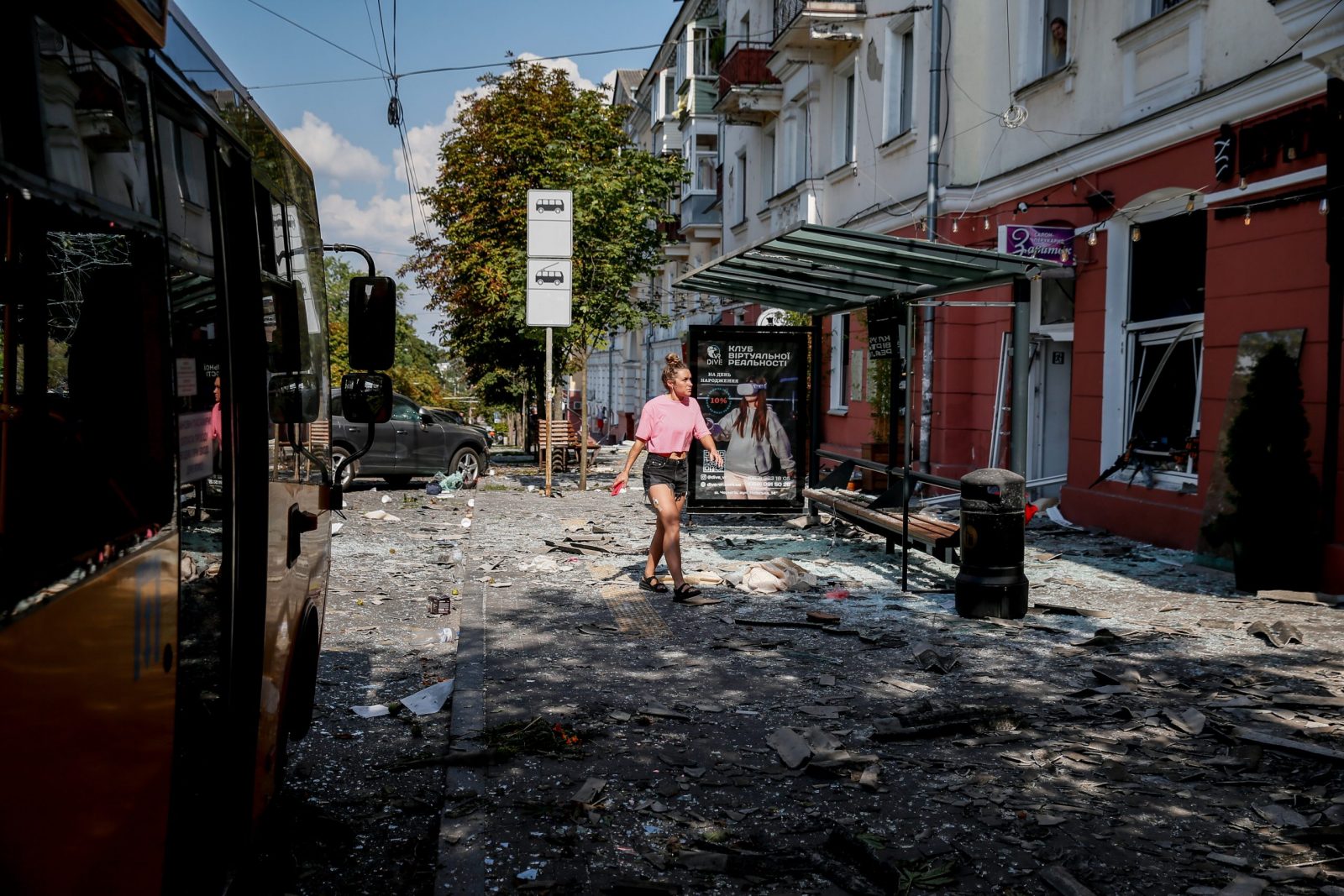 epa10807455 Debris in the street where a missile hit the Drama Theatre in central Chernihiv, Ukraine, 19 August 2023, amid the Russian invasion. According to the State Emergency Service, at least seven people died and 110 were injured. Russian troops entered Ukrainian territory in February 2022, starting a conflict that has provoked destruction and a humanitarian crisis.  EPA/OLEG PETRASYUK