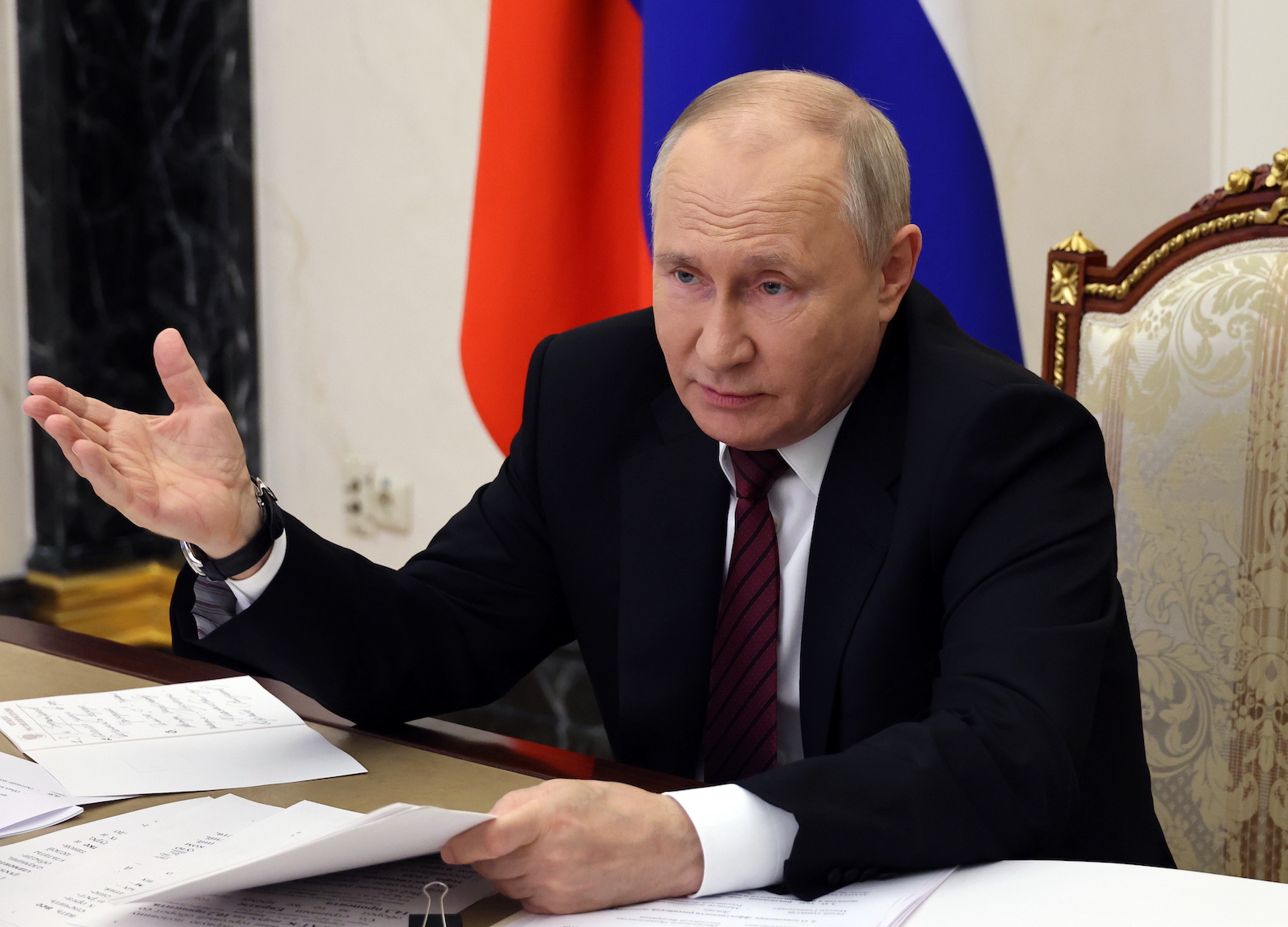 epa10813766 Russian President Vladimir Putin chairs a meeting of the Council for Strategic Development and National Projects via video link at the Kremlin, in Moscow, Russia, 22 August 2023. Inflationary risks in the Russian Federation have been growing lately, the task of containing prices is coming to the fore, the government and the Central Bank need to build an appropriate economic policy, Vladimir Putin said at a meeting of the Council for Strategic Development and National Projects.  EPA/MIKHAEL KLIMENTYEV/SPUTNIK/KREMLIN POOL MANDATORY CREDIT