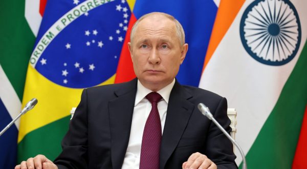 epa10815532 Russian President Vladimir Putin attends the 15th BRICS Summit via video link in Moscow, Russia, 22 August 2023 (Issued on 23 August 2023). South Africa is hosting the 15th BRICS Summit, (Brazil, Russia, India, China and South Africa), as the group's economies account for a quarter of global gross domestic product. Dozens of leaders of other countries in Africa, Asia and the Middle East are also attending the summit.  EPA/MIKHAEL KLIMENTYEV / SPUTNIK / KREMLIN POOL