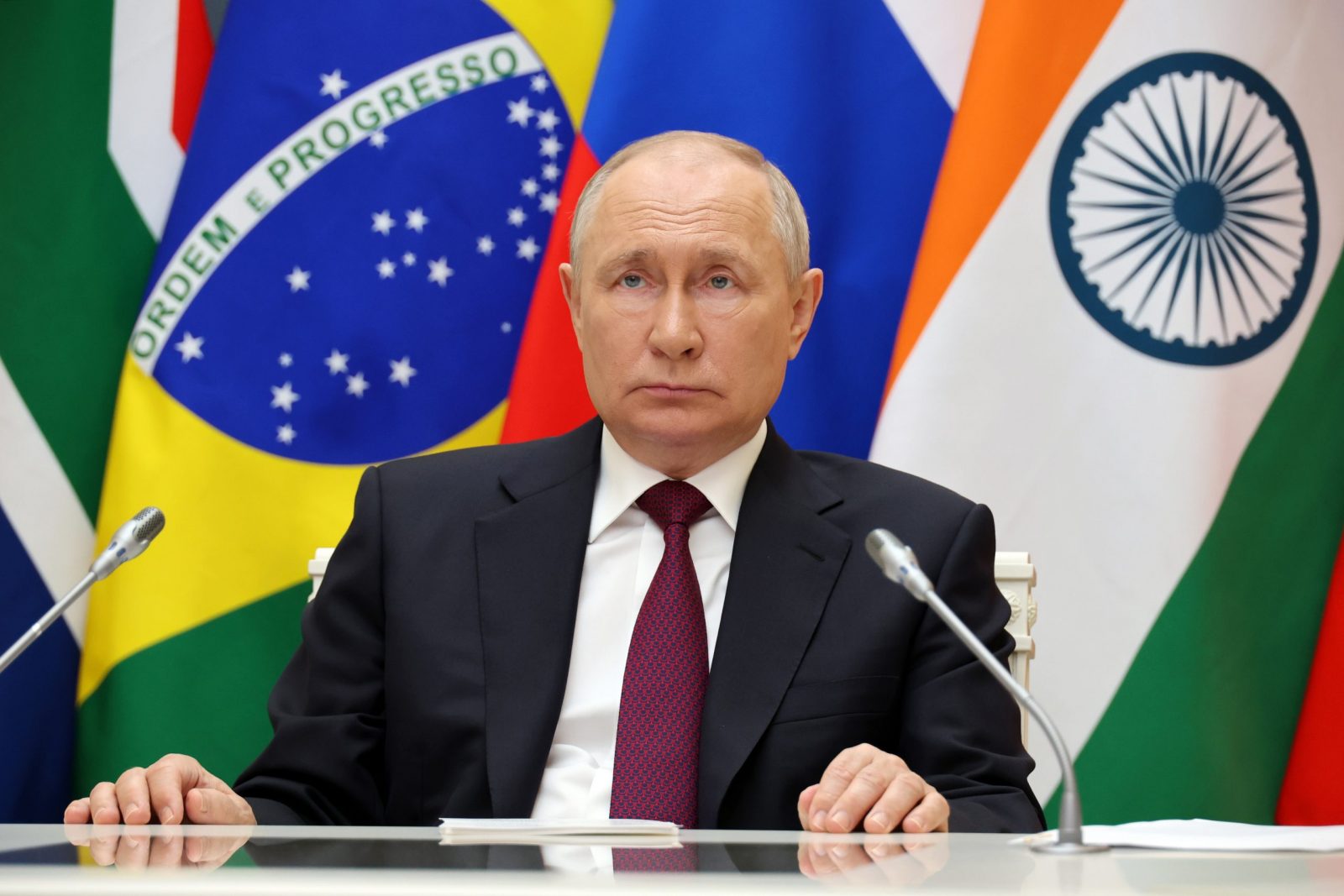 epa10815532 Russian President Vladimir Putin attends the 15th BRICS Summit via video link in Moscow, Russia, 22 August 2023 (Issued on 23 August 2023). South Africa is hosting the 15th BRICS Summit, (Brazil, Russia, India, China and South Africa), as the group's economies account for a quarter of global gross domestic product. Dozens of leaders of other countries in Africa, Asia and the Middle East are also attending the summit.  EPA/MIKHAEL KLIMENTYEV / SPUTNIK / KREMLIN POOL