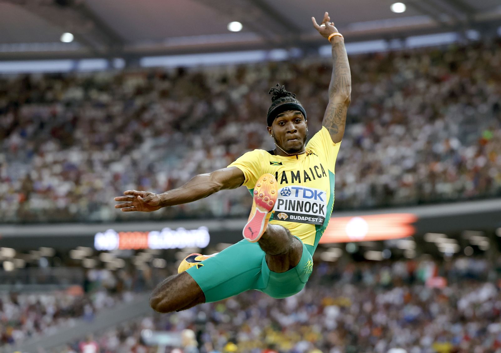 epa10818194 Wayne Pinnock of Jamaica competes in the Men's Long Jump final at the World Athletics Championships Budapest, Hungary, 24 August 2023.  EPA/ROBERT GHEMENT