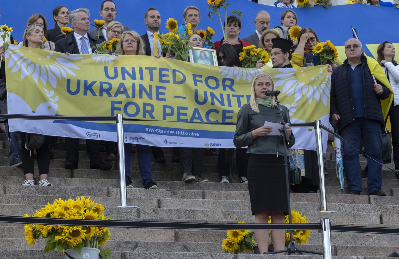 epa10818378 Finland Foireing minister Elina Valtonen delivers a speech during an event to mark National Day of Ukraine, in Helsinki, Finland,  24 August 2023. Ukrainian Independence Day is celebrated on 24 August to mark Ukraine's independence from the Soviet Union in 1991.  EPA/MAURI RATILAINEN