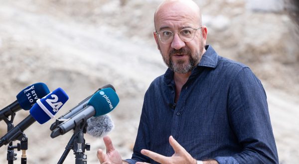 epa10824009 A handout photo made available by the Office of Prime Minister of Slovenia shows EU Council President Charles Michel speaks to the media during the visit to the flood affected areas at Stahovica pri Kamniku, near Kamnik, Slovenia, 27 August 2023. Slovenia has faced the biggest natural disaster in its history' said Slovenian Prime Minister Robert Golob on 05 August. Slovenian Government estimated the damage of roads, energy infrastructure, as well as hundreds of homes is likely to exceed 500 million euros.  EPA/Katja Kodba / OFFICE OF SLOVENIA PM / HANDOUT  HANDOUT EDITORIAL USE ONLY/NO SALES