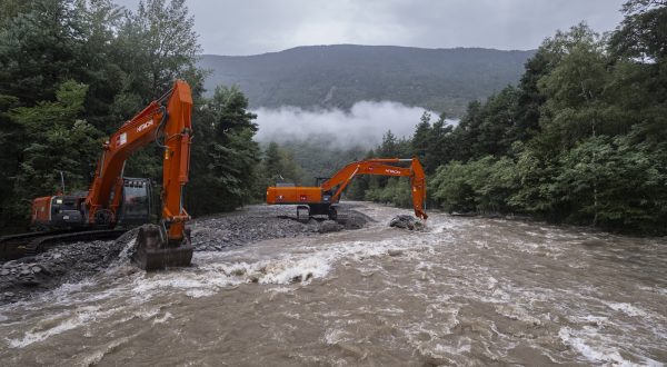 epa10825219 The Legiuna creek carries a lot of water, flooding and damaging the sourounding area, after heavy rainfalls in southern Switzerland in Malvaglia, Switzerland, 28 August 2023. The canton Tessin, Switzerland, has been flooded with rain since Friday night 25 August. According to forecasts, the rains will continue until 28 August.  EPA/Pablo Giananazzi ONLY PRESS
