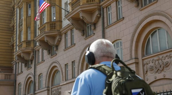epa10825187 A man walks near the US embassy main building in Moscow, Russia, 28 August 2023. Robert Shonov, a former employee of the US Consulate General in Vladivostok, was detained as part of a case involving the collection of information about the mobilization, the course of a special military operation and the protest activity of Russians on the instructions of diplomats from the political department of the US embassy, Russia's Federal Security Service (FSB) reports. According to the FSB, from September 2022 until the moment of detention, Shonov, for a fee, 'performed the tasks of employees of the political department of the US Embassy in Moscow, Cillin Jeffrey and Bernstein David, to collect information on the progress of a special military operation, mobilization processes in the regions of Russia, on problematic moments and assess them influence on the protest activity of the population on the eve of the presidential elections in the Russian Federation in 2024'. The FSB said that it was planned to carry out interrogations of these American diplomats, in connection with which the corresponding agendas were sent to the US Embassy in Moscow.  EPA/MAXIM SHIPENKOV