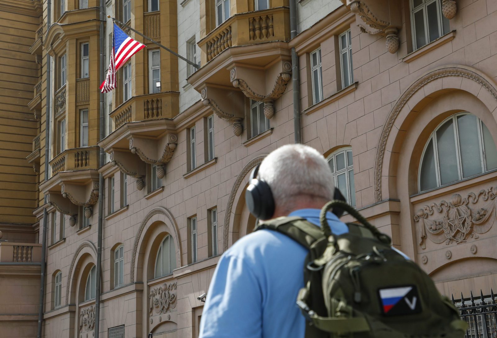epa10825187 A man walks near the US embassy main building in Moscow, Russia, 28 August 2023. Robert Shonov, a former employee of the US Consulate General in Vladivostok, was detained as part of a case involving the collection of information about the mobilization, the course of a special military operation and the protest activity of Russians on the instructions of diplomats from the political department of the US embassy, Russia's Federal Security Service (FSB) reports. According to the FSB, from September 2022 until the moment of detention, Shonov, for a fee, 'performed the tasks of employees of the political department of the US Embassy in Moscow, Cillin Jeffrey and Bernstein David, to collect information on the progress of a special military operation, mobilization processes in the regions of Russia, on problematic moments and assess them influence on the protest activity of the population on the eve of the presidential elections in the Russian Federation in 2024'. The FSB said that it was planned to carry out interrogations of these American diplomats, in connection with which the corresponding agendas were sent to the US Embassy in Moscow.  EPA/MAXIM SHIPENKOV