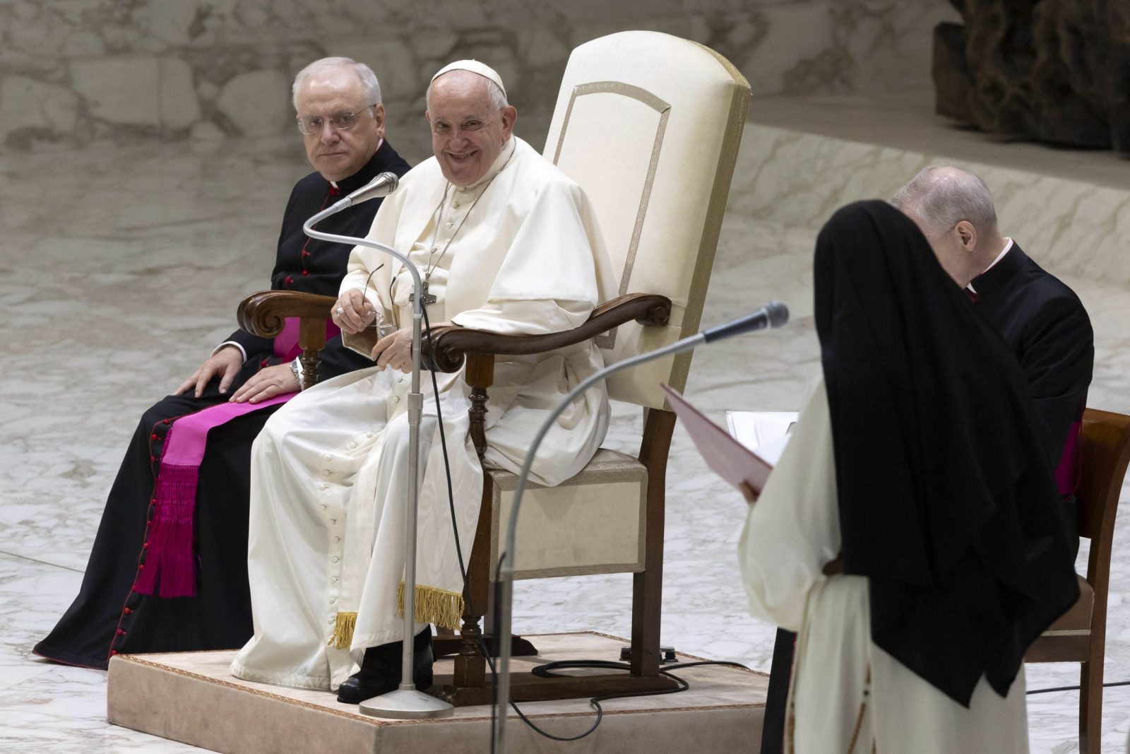 epa10828154 Pope Francis leads the weekly general audience in the Paolo VI hall of the Vatican, Vatican City, 30 August 2023.  EPA/MASSIMO PERCOSSI