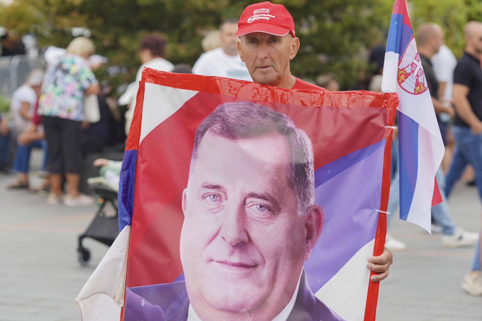 04.08.2023., Priijedor, Bosna i Hercegovina - Obiljezavanje Dana sjecanja na sve stradale i prognane Srbe u vojnoj akciji "Oluja" 1995. godine, kojem prisustvuju predsjednici Republike Srpske i Srbije Milorad Dodik i Aleksandar Vucic, premijer Srpske Radovan Viskovic, srpski clan Predsjednistva BiH Zeljka Cvijanovic i ostali zvanicnici Srpske i Srbije, kao i patrijarh srpski Porfirije. Photo: Dejan Rakita/PIXSELL