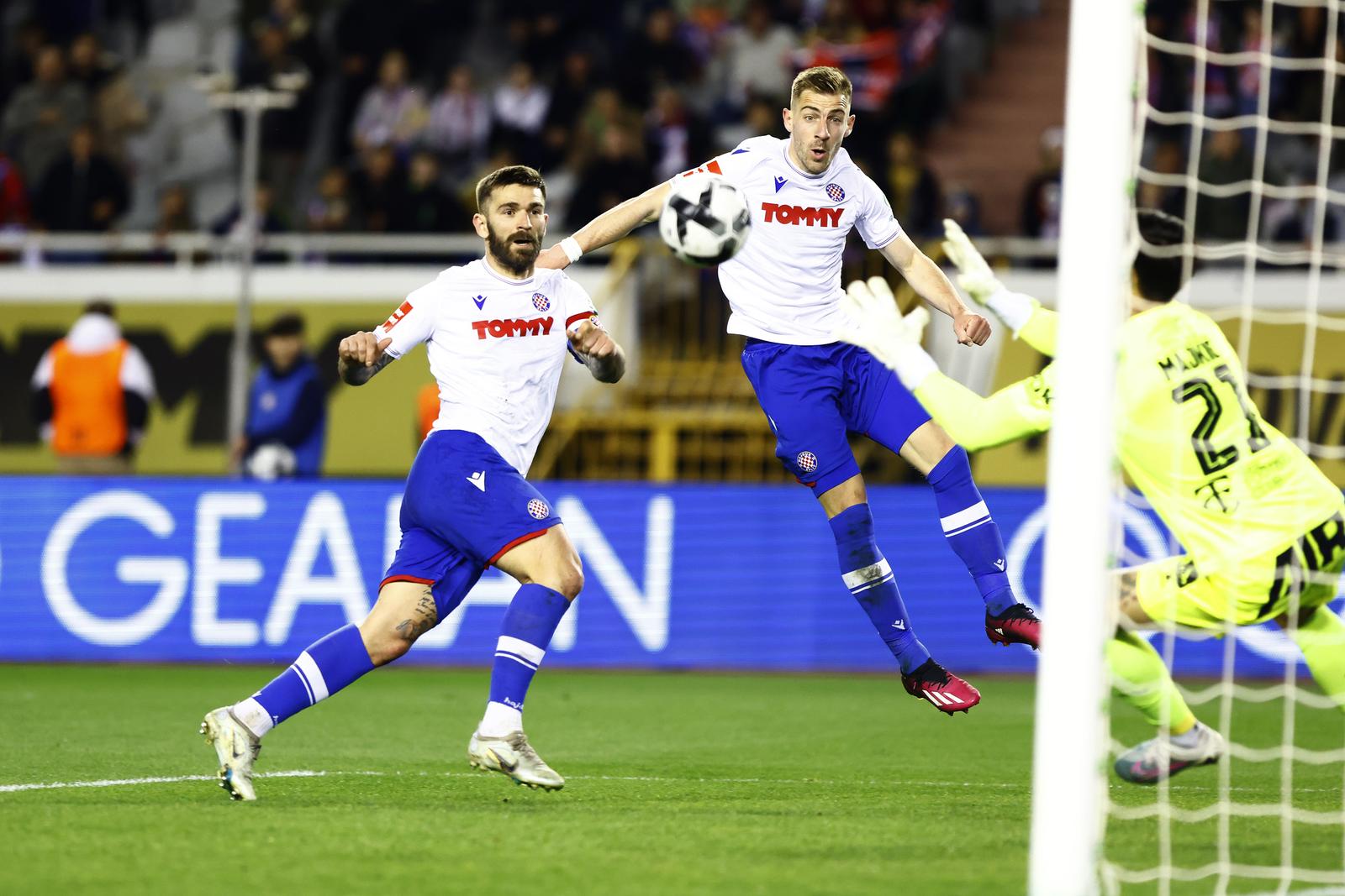 07.04.2023., stadion Poljud, Split - SuperSport HNL, 28. kolo, HNK Hajduk - NK Istra 1961. Marko Livaja, Dario Melnjak Photo: Milan Sabic/PIXSELL