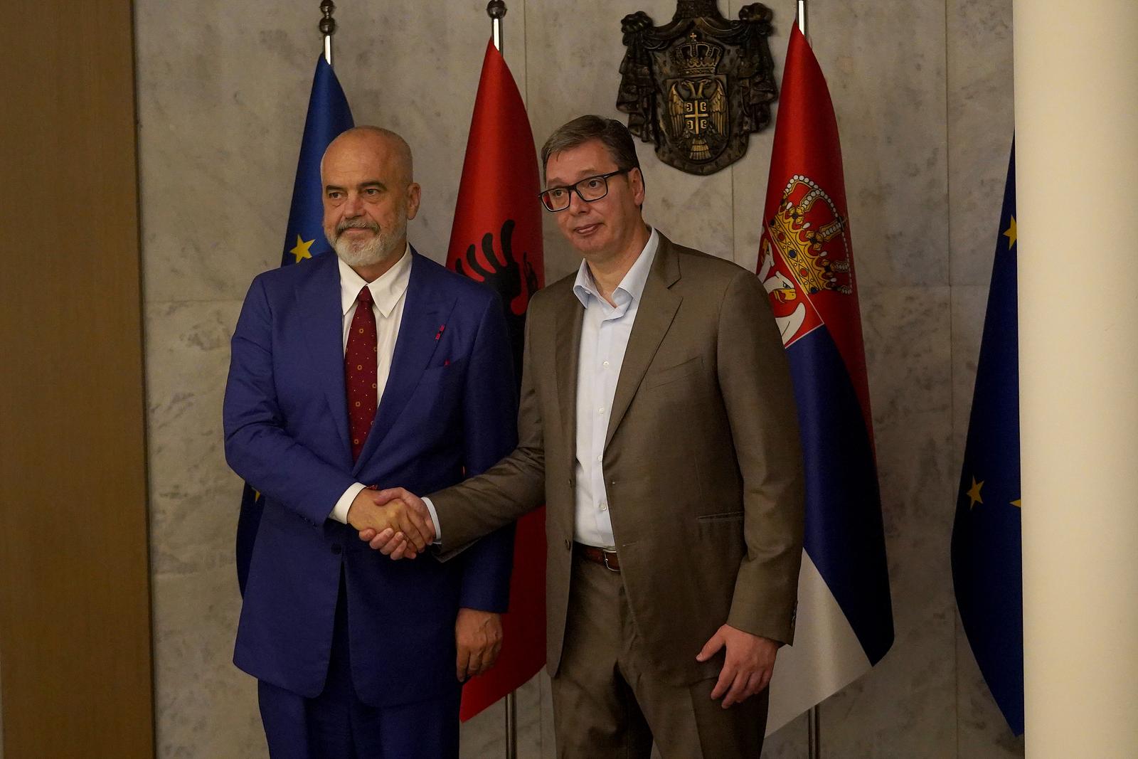 07, July, 2023, Beograd -The President of the Republic of Serbia, Aleksandar Vucic, met with the Prime Minister of Albania, Edi Ram, who is on an official visit to the Republic of Serbia. Edi Rama, Aleksandar Vucic. Photo: Antonio Ahel/ATAImages

07, jul, 2023, Beograd - Predsednik Republike Srbije Aleksandar Vucic sastao se sa premijerom Albanije Edijem Ramom koji u zvanicnoj poseti Republici Srbiji.  Photo: Antonio Ahel/ATAImages/PIXSELL