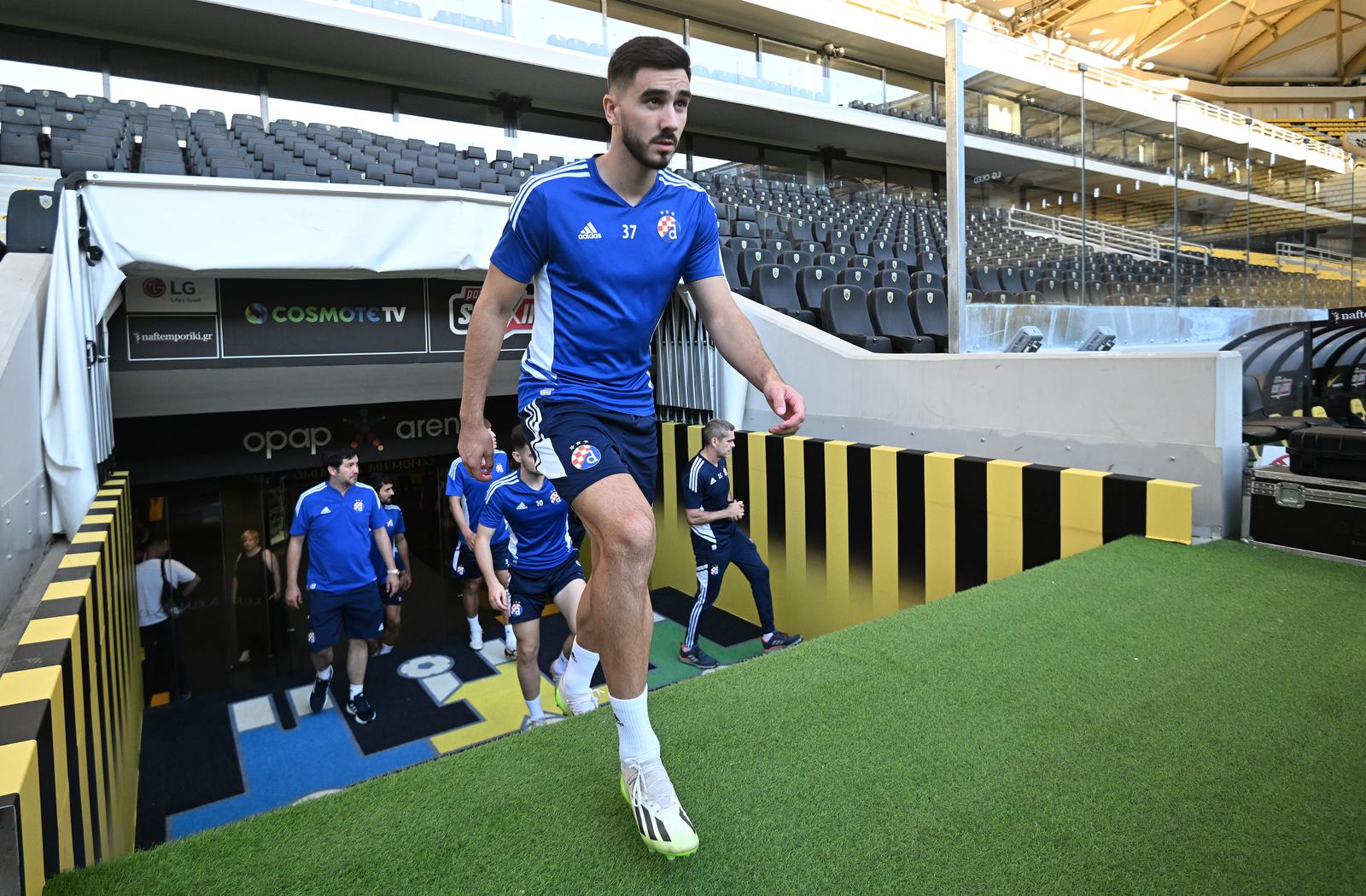 07.08.2023., Atena, Grcka - Trening nogometasa Dinama na stadionu OPAP Arena uoci sutrasnje utakmice treceg pretkola UEFA Lige prvaka protiv AEK-a. Josip Sutalo Photo: Marko Lukunic/PIXSELL
