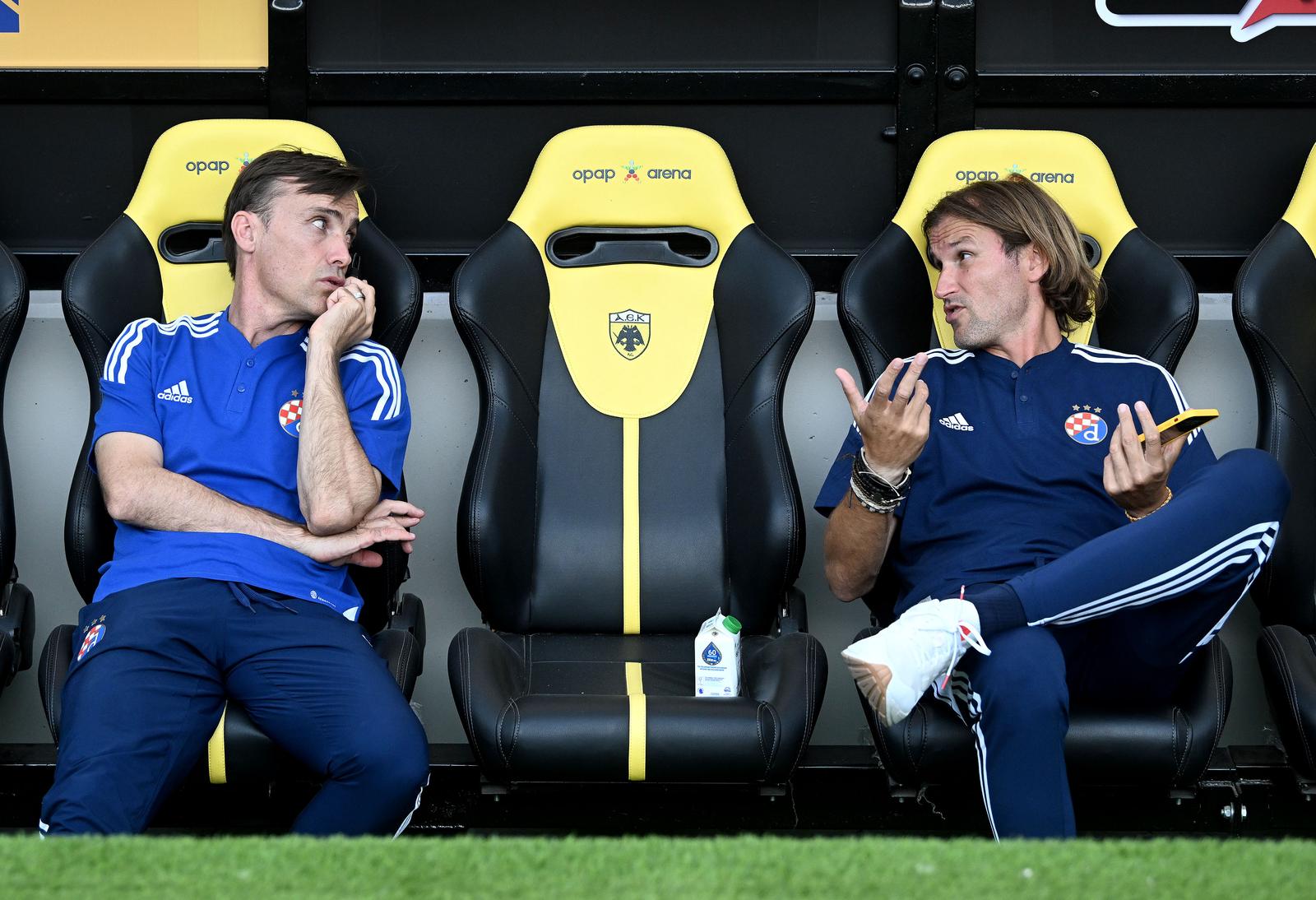 07.08.2023., Atena, Grcka - Trening nogometasa Dinama na stadionu OPAP Arena uoci sutrasnje utakmice treceg pretkola UEFA Lige prvaka protiv AEK-a. Dario Simic, Marko Maric. Photo: Marko Lukunic/PIXSELL
