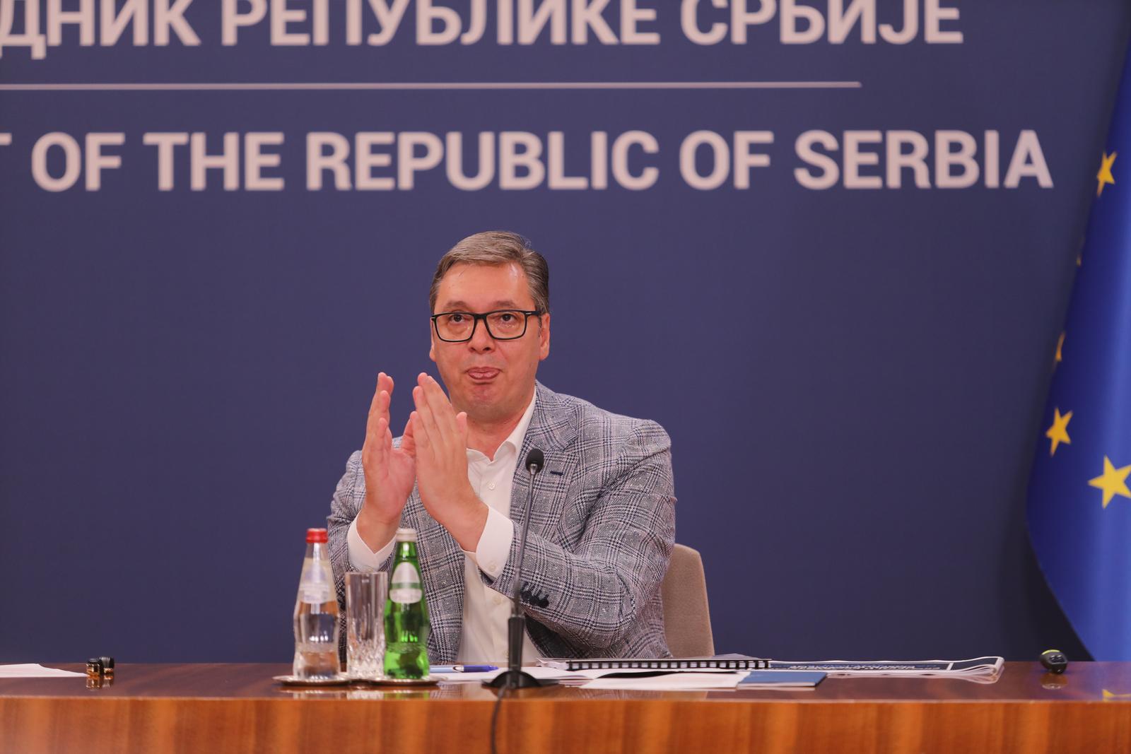 08, August, 2023, Belgrade - The President of the Republic of Serbia, Aleksandar Vucic, and the Prime Minister of the Republic of Serbia, Ana Brnabic, addressed the public at the Palace of Serbia. Aleksandar Vucic. Photo: Milos Tesic/ATAImages.

08, avgust, 2023, Beograd - Predsednik Republike Srbije Aleksandar Vucic i predsednica Vlade Republike Srbije Ana Brnabic obratili su se javnosti u Palati Srbija. Photo: Milos Tesic/ATAImages/PIXSELL