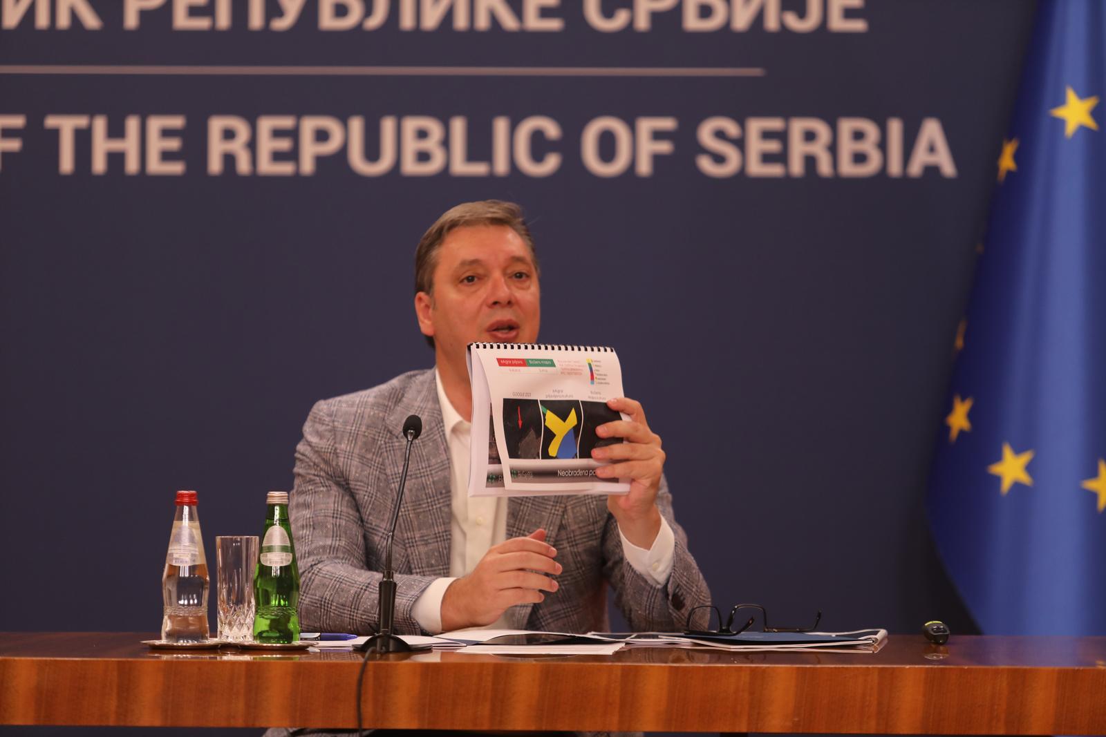 08, August, 2023, Belgrade - The President of the Republic of Serbia, Aleksandar Vucic, and the Prime Minister of the Republic of Serbia, Ana Brnabic, addressed the public at the Palace of Serbia. Aleksandar Vucic. Photo: Milos Tesic/ATAImages.

08, avgust, 2023, Beograd - Predsednik Republike Srbije Aleksandar Vucic i predsednica Vlade Republike Srbije Ana Brnabic obratili su se javnosti u Palati Srbija. Photo: Milos Tesic/PIXSELL