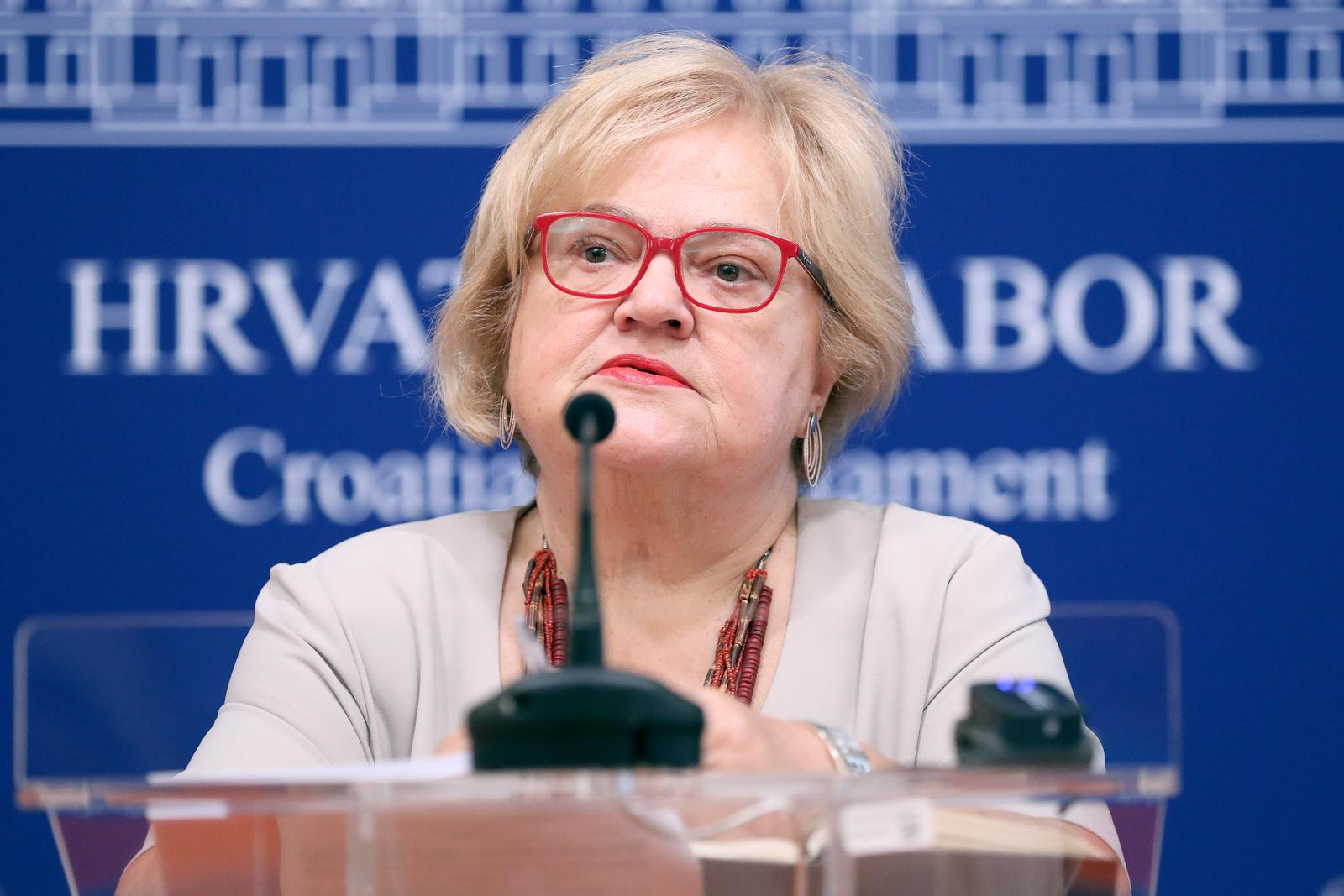 10.07.2023., Zagreb - Na konferenciji za medije odrzanoj u Saboru o temi "Zakon o pomorskom dobru – Vlada stvara još veci nered i otvara prostor za korupciju i devastaciju" govorila je Anka Mrak Taritas. Photo: Patrik Macek/PIXSELL