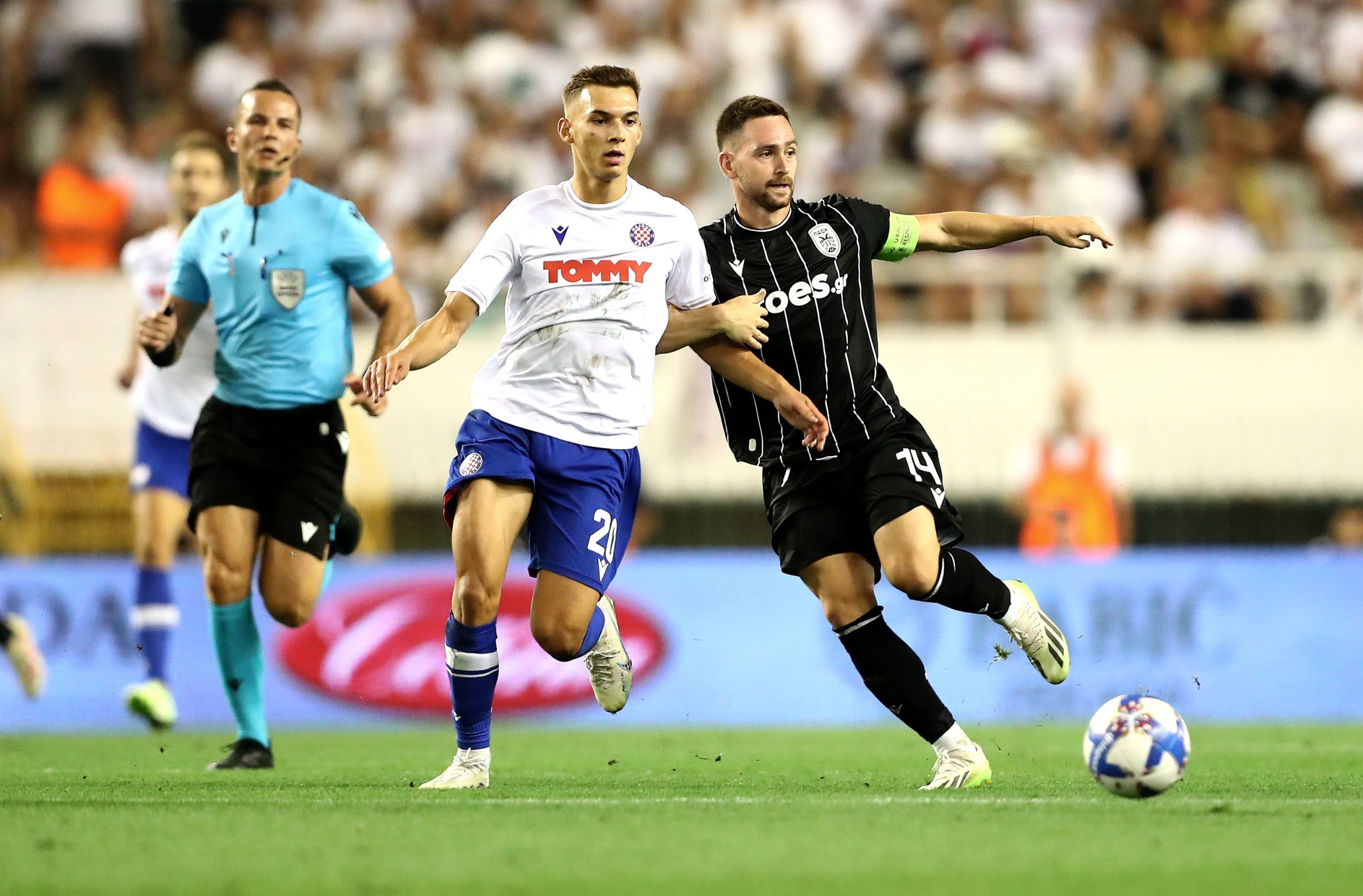 10.08.2023., stadion Poljud, Split - Prva utakmica 3. pretkola UEFA Konferencijske lige, HNK Hajduk - PAOK. Niko Sigur,  Andrija Zivkovic Photo: Matija Habljak/PIXSELL