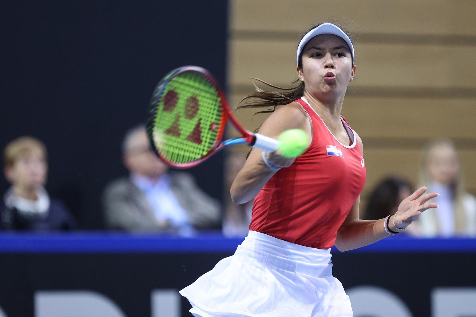 12.11.2022., dvorana Zamet, Rijeka - Billie Jean King Cup, doigravanje za plasman u najvisi rang, Hrvatska - Njemacka. Teniski mec izmedju Petre Marcinko i Anne Lene Friedsam. Petra Marcinko Photo: Nel Pavletic/PIXSELL