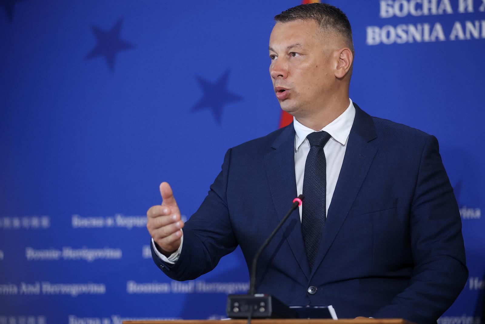 19.07.2023., Sarajevo, Bosna i Hercegovina - Konferencija za medije nakon sastanka ministra sigurnosti BiH Nenada Nesica i ministra unutrasnjih poslova Crne Gore Filipa Adzica. Photo: Armin Durgut/PIXSELL