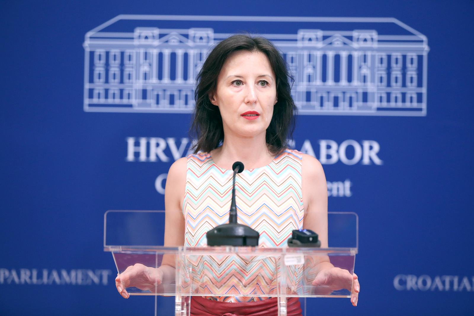 20.07.2023., Zagreb - Na konferenciji za medije odrzanoj u Saboru o izvanrednoj sjednica Sabora govorila je Dalija Oreskovic. Photo: Patrik Macek/PIXSELL