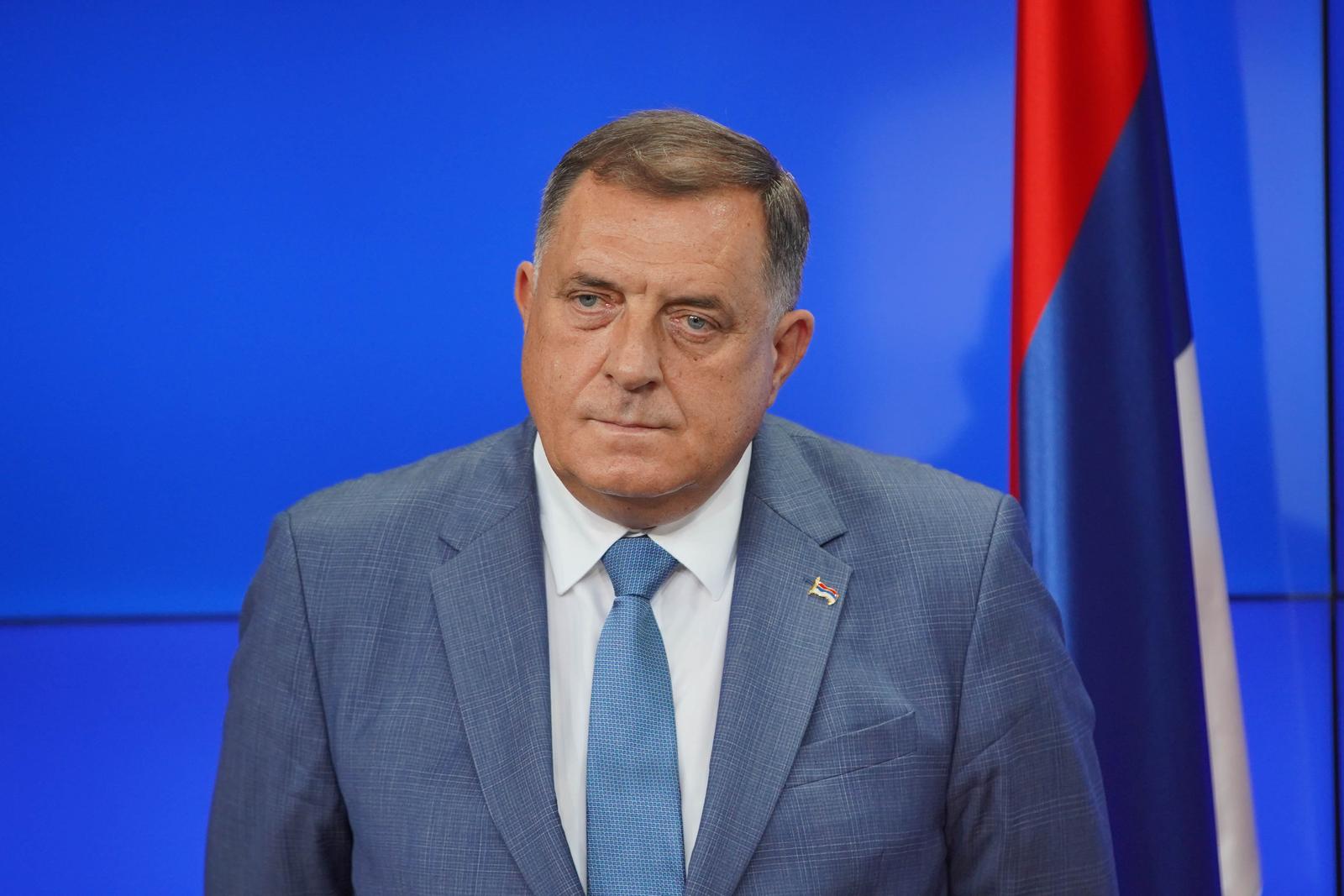 21.08.2023., Banja Luka, Bosna i Hercegovina - Predsjednik Republike Srpske Milorad Dodik i srpski clan Predsjednistva BiH Zeljka Cvijanovic odrzali konferenciju za novinare na kojoj su govorili o sluzbenom posjetu Madjarskoj gdje su se sureli s liderima Turske, Madjarske i Azerbejdzana, ali i o sankcijama RS, i odnosima sa americkom ambasadom u BiH. Photo: Dejan Rakita/PIXSELL
