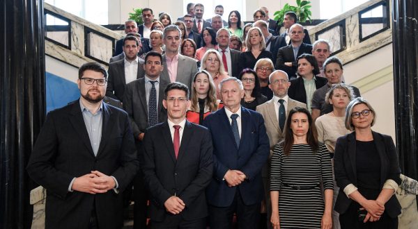 23.07.2023., Zagreb - Treci dan izvanredne sjednica Sabora. Oporbeni zastupnici dali su izjavu u Saboru nakon glasovanja. Pedja Grbin, Zvonimir Troskot, Davorko Vidovic, Katarina Peovic, Sandra Bencic Photo: Josip Regovic/PIXSELL