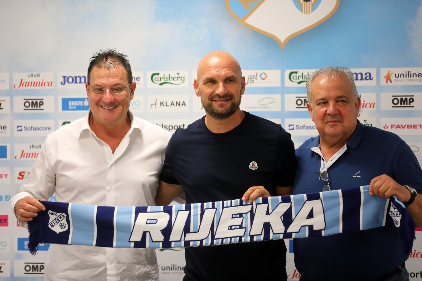 25.08.2023., Rijeka - U Press centru stadiona na Rujevici HNK Rijeka predstavlia je novog trenera Zeljka Sopica u drustvu predsjednika Damira Miskovica i clana uprave Nikole Ivanisa. Photo: Goran Kovacic/PIXSELL