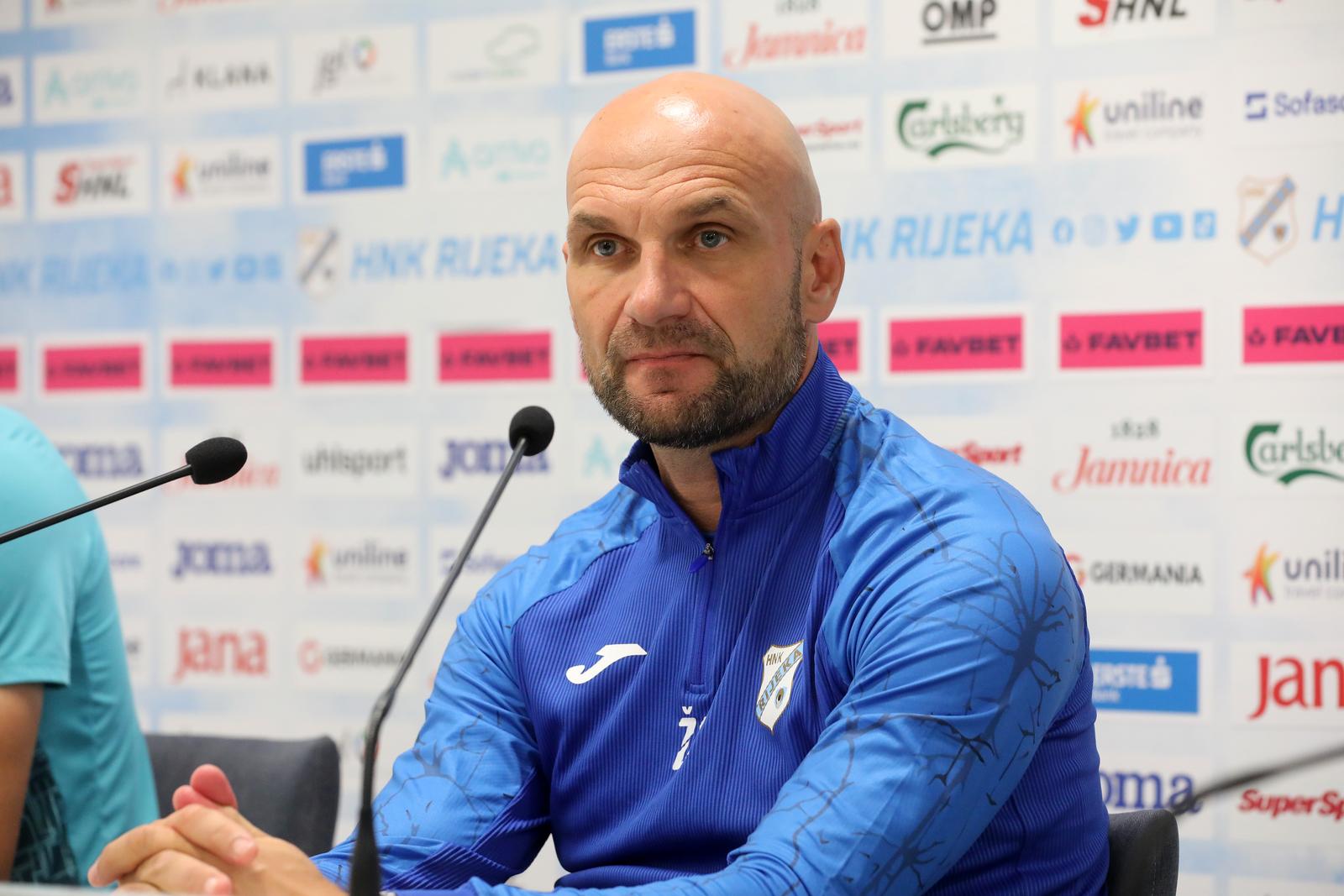 30.08.2023., Rijeka - Konferencija u press centru stadiona na Rujevici trenera HNK Rijeke Zeljka Sopica i igraca Veldina Hodze uoci uzvratne utakmice playoffa UECL izmedju HNK Rijeke i Lillea na Rujevici. Photo: Goran Kovacic/PIXSELL