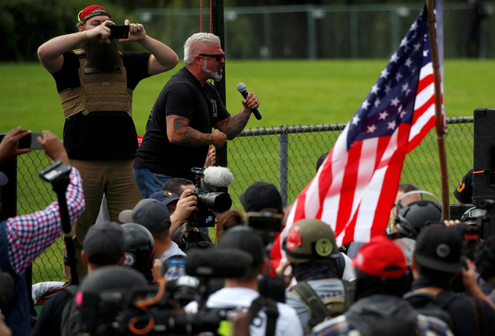 FILE PHOTO: Proud Boys member Joe Biggs speaks during a rally in Portland, Oregon, September 26, 2020, before he was later arrested for his involvement in the storming of the U.S. Capitol building in Washington. D.C., U.S. REUTERS/Jim Urquhart/File Photo Photo: JIM URQUHART/REUTERS
